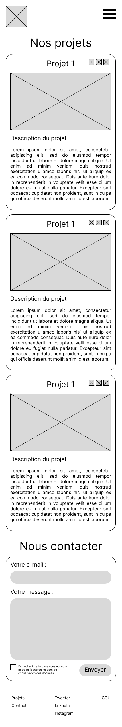Wireframe pour la page d'accueil sur mobile